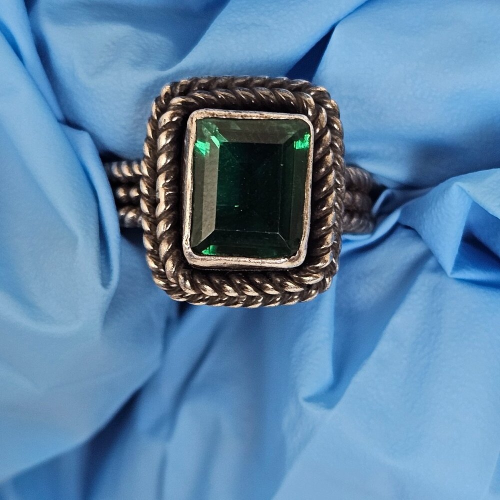 Vtg Sterling Silver Green Quartz Ring Size 7 Square Textured Rope Band Chunky - Picture 16 of 16